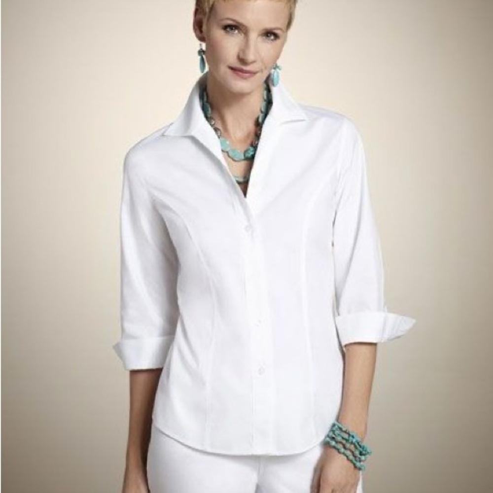 Chico's White Fitted Button Down Shirt with Cuffed Sleeves